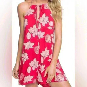 Roxy Yellow Sunday Airy Light White & Red Floral Leaf Halter Backless Romper